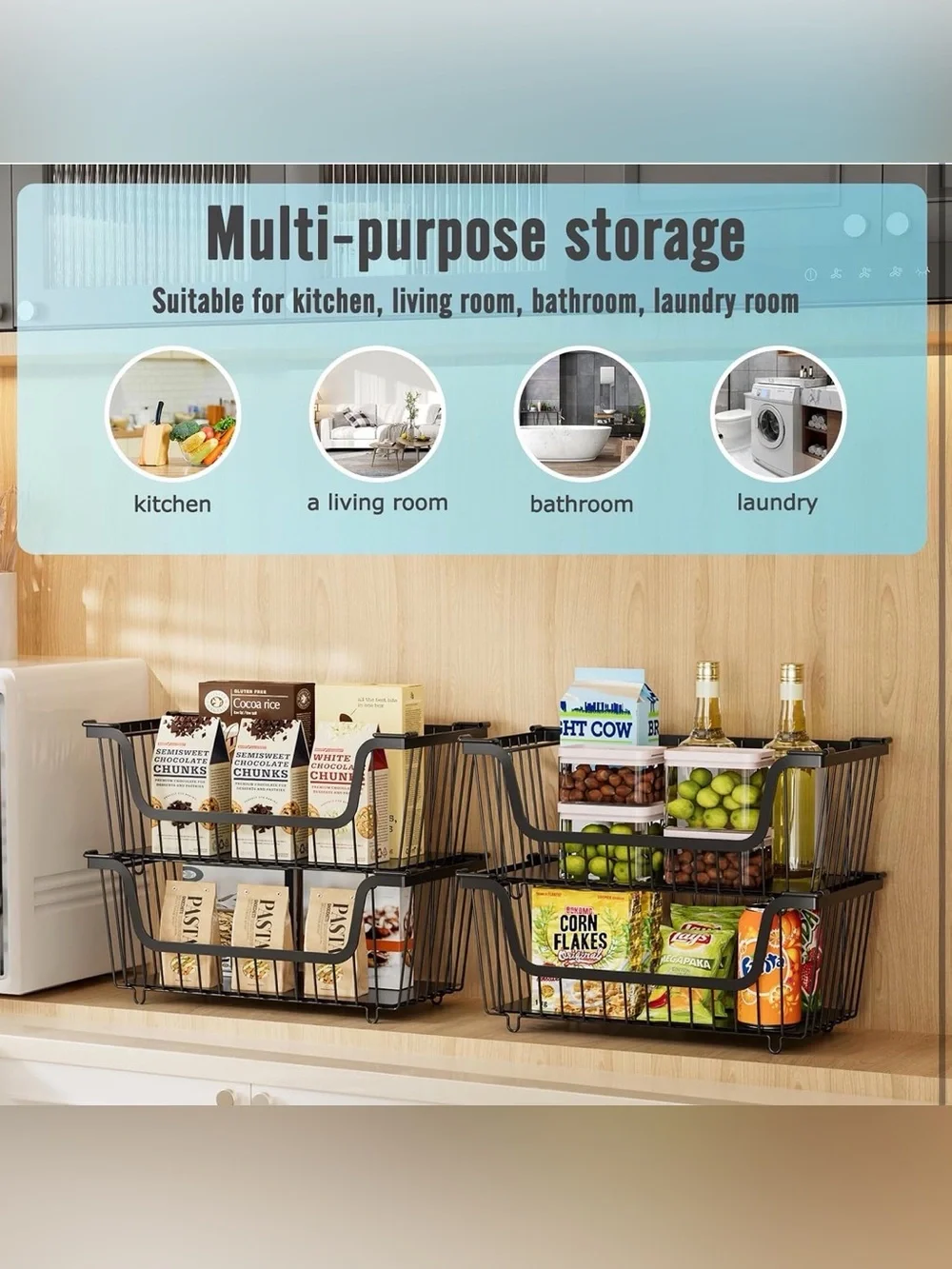4 Pcs Stackable Wire Baskets for Pantry Organizers and Storage, Black, NEW